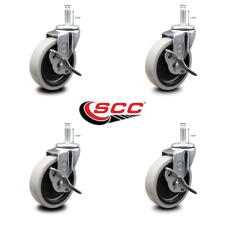 Service Caster 4 Inch Thermoplastic Wheel 10mm Threaded Stem Caster Set with Brakes SCC, 4PK SCC-TS05S410-TPRS-SLB-M1015-4